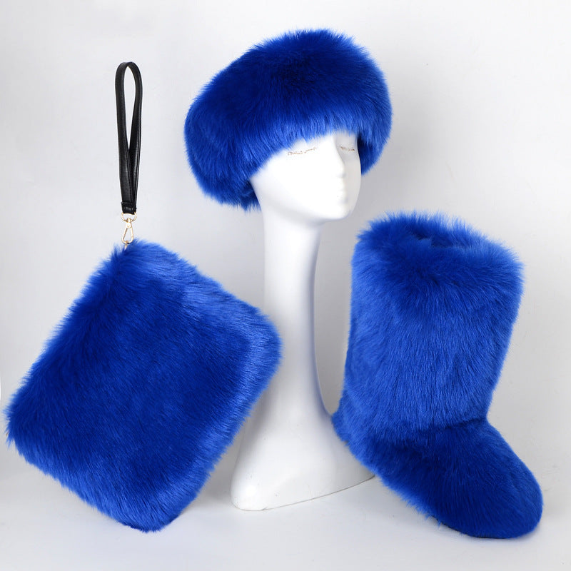 Botas de piel de terciopelo acolchadas de talla grande con imitación de piel de zorro, botas de nieve para mujer, conjunto de tres piezas