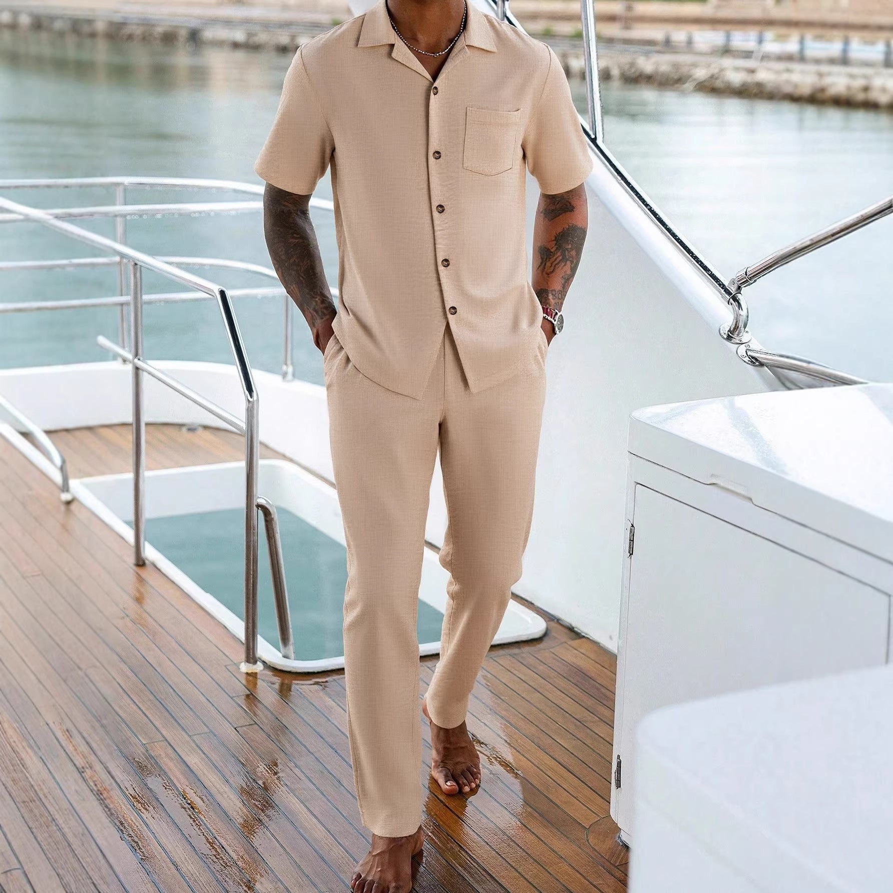 Mens Solid-Colored Lapel Casual Shirt And Pants Set