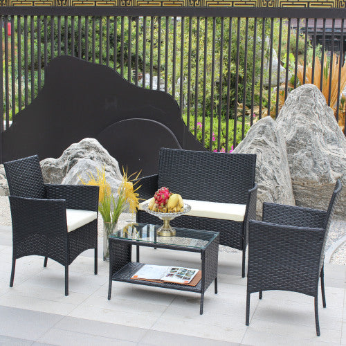 Juego de 4 muebles de patio de ratán con asiento acolchado para exterior, sofá de mimbre con cojín beige