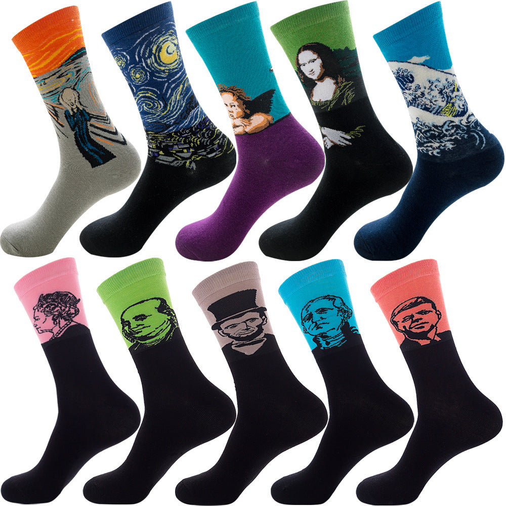 Calcetines de otoño para hombre con estampado de rombos y temática navideña de animales y frutas.