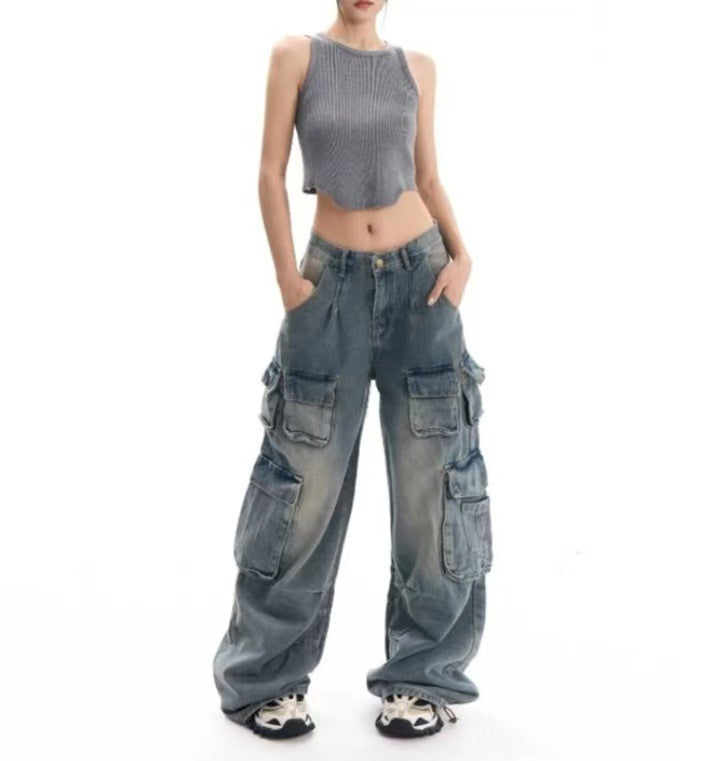 Womens Workwear Distressed Design Floor-Length Trousers