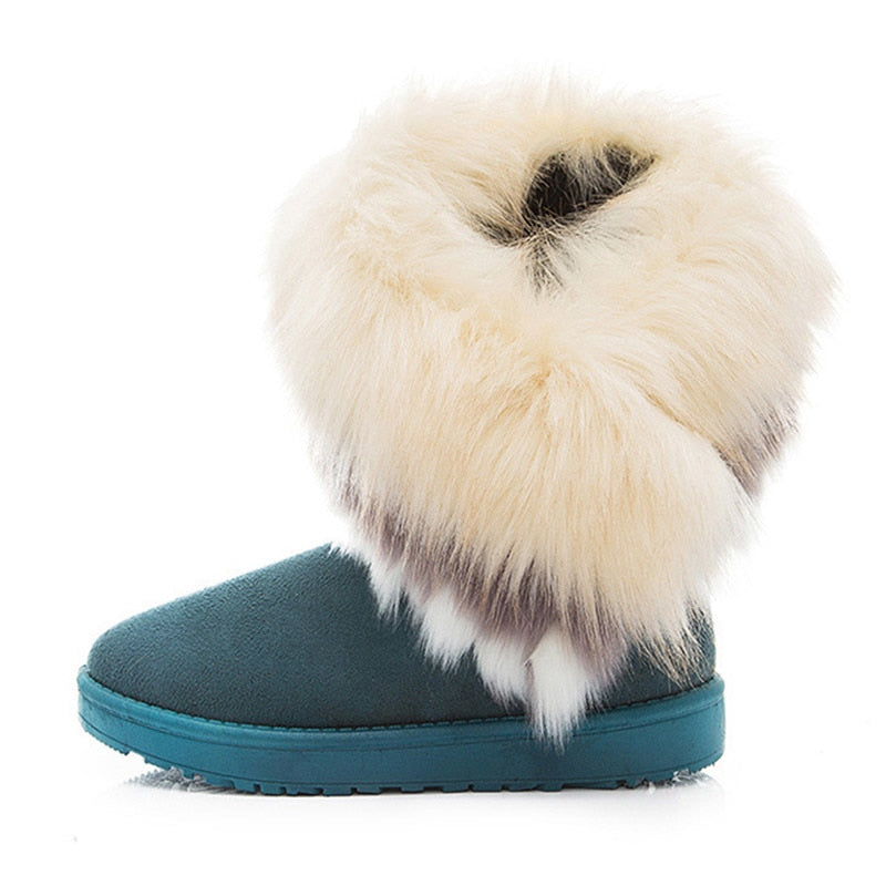 Botas de nieve de piel de zorro de gran tamaño con suela gruesa y antideslizantes, con borlas de piel de conejo, para mujer