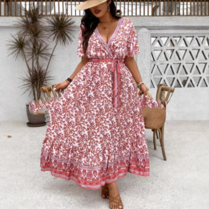 Vestido largo con cuello en V y estampado retro para mujer
