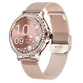 Pulsera inteligente de fitness con llamadas Bluetooth, resistente al agua y detalles de diamantes.