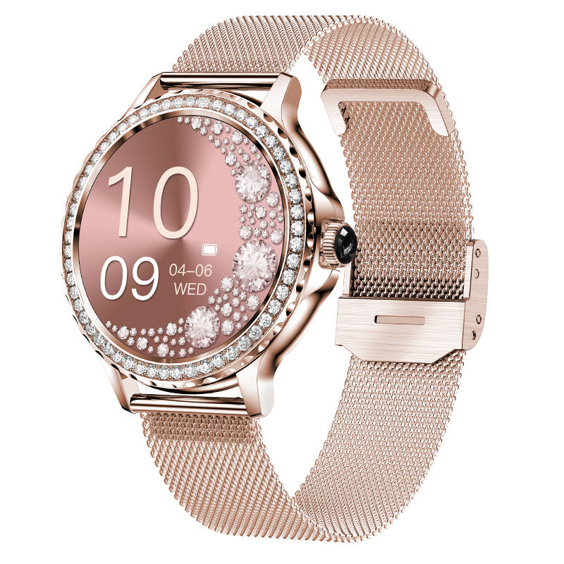Pulsera inteligente de fitness con llamadas Bluetooth, resistente al agua y detalles de diamantes.