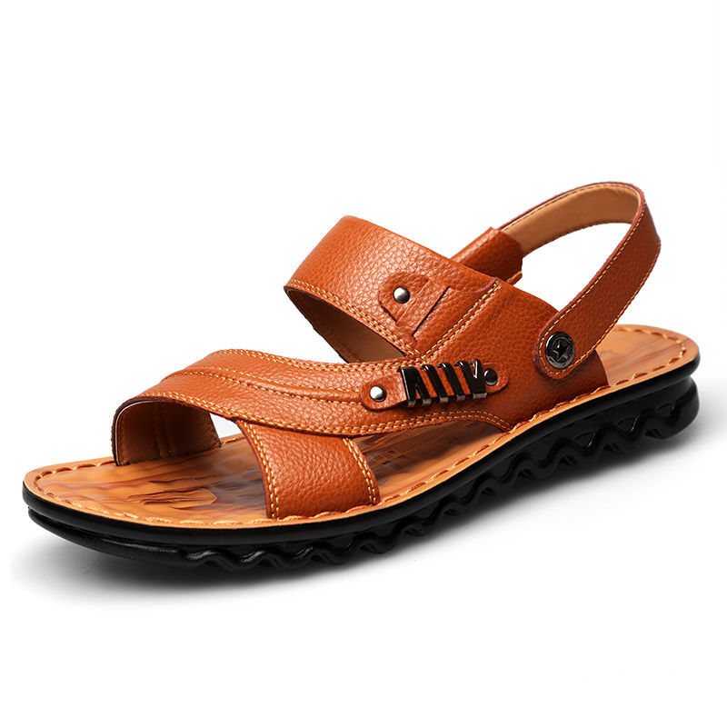 Sandalias de piel de vaca de primera capa para hombre, zapatos de playa, zapatillas antideslizantes
