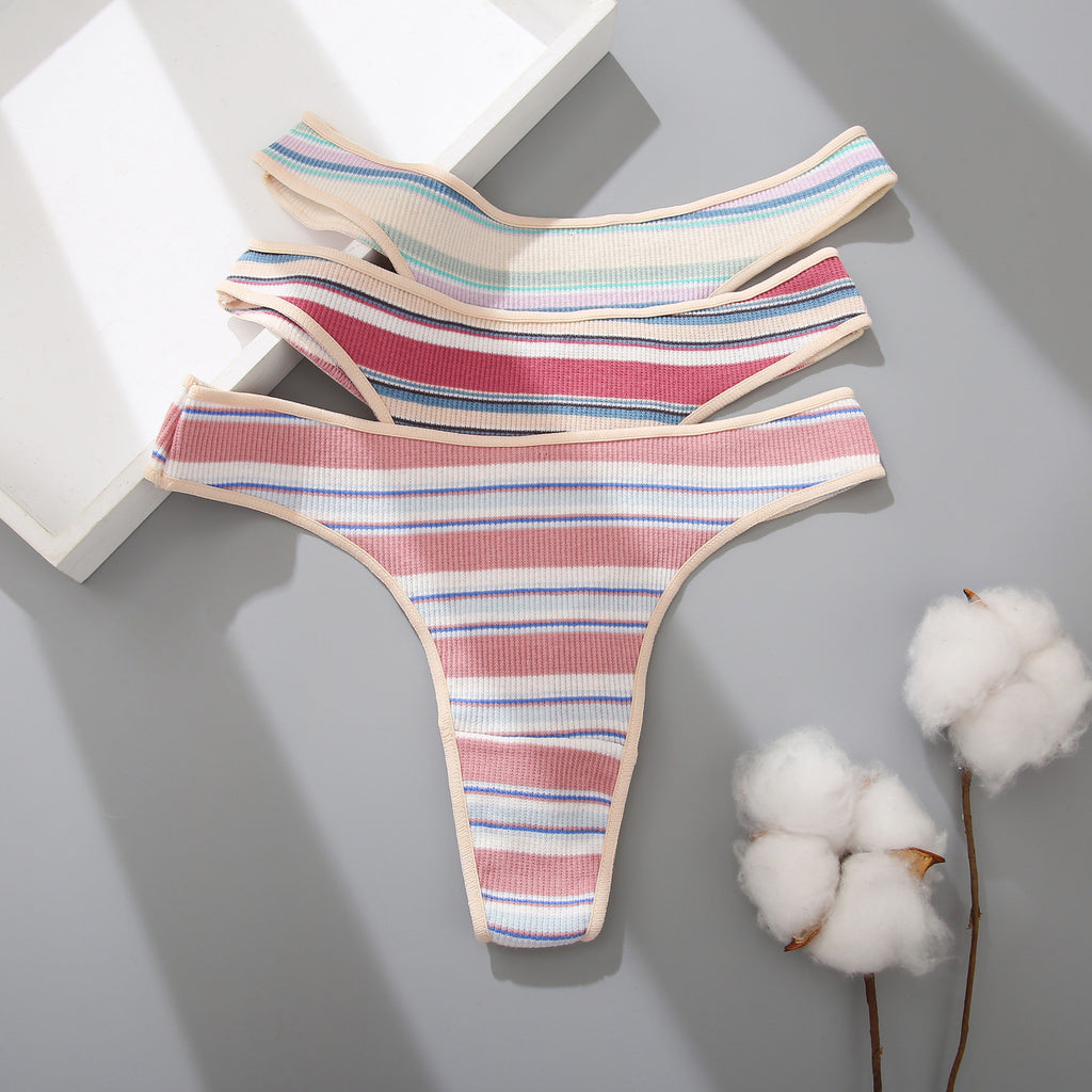 Ladies Thong Striped Stitching Color Panties New Cotton