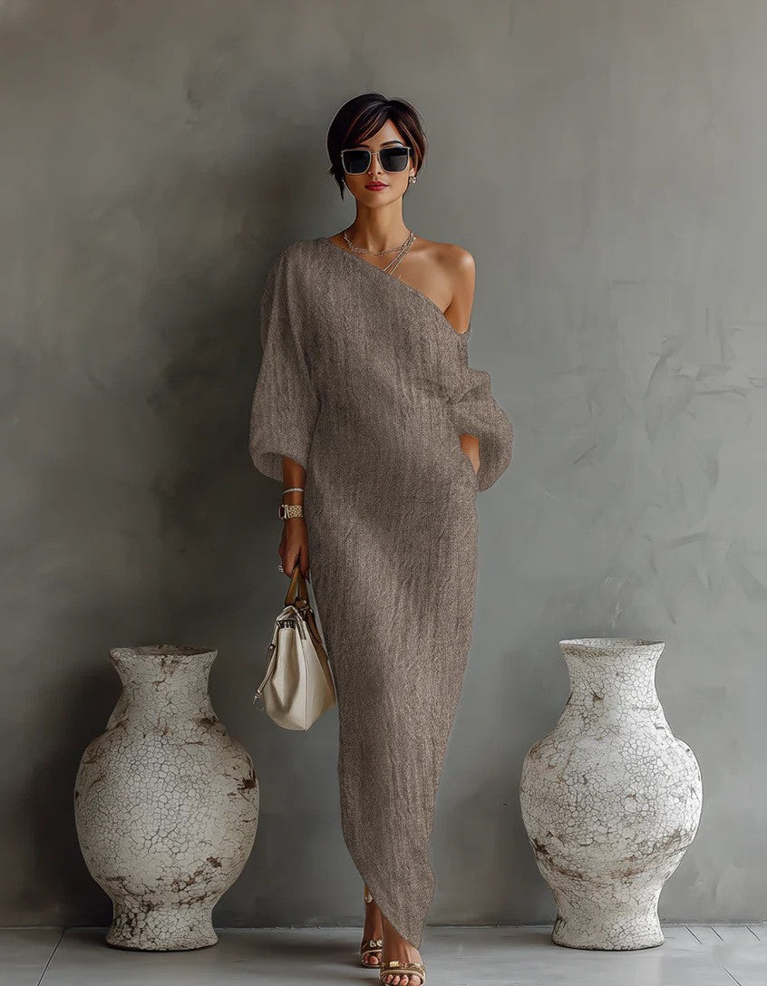 Irregular Off-shoulder Long Dress Fashion Elegant Long-sleeved Dresses Women's Beach Vacation Clothing