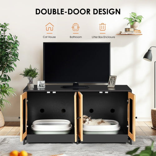 Recinto para arenero doble, para 2 gatos, mueble oculto con puertas de ratán, 121 cm de largo x 59 cm de ancho x 55 cm de alto, color negro