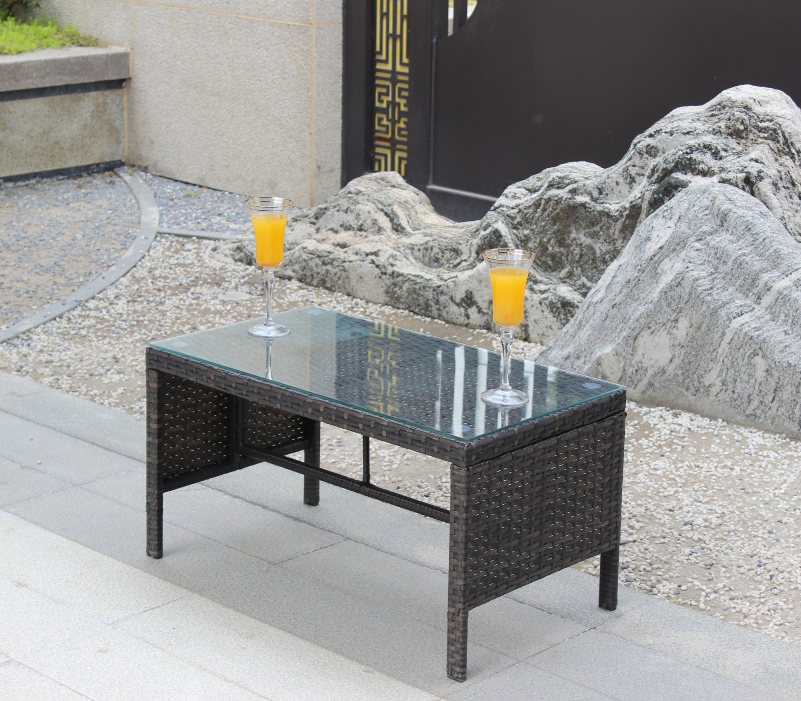 Muebles de exterior para patio, 1 mesa de centro con vidrio templado transparente