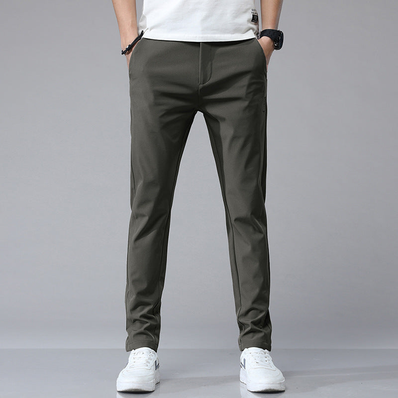Pantalones casuales de seda de hielo para hombre, con cintura elástica y forro polar, para otoño