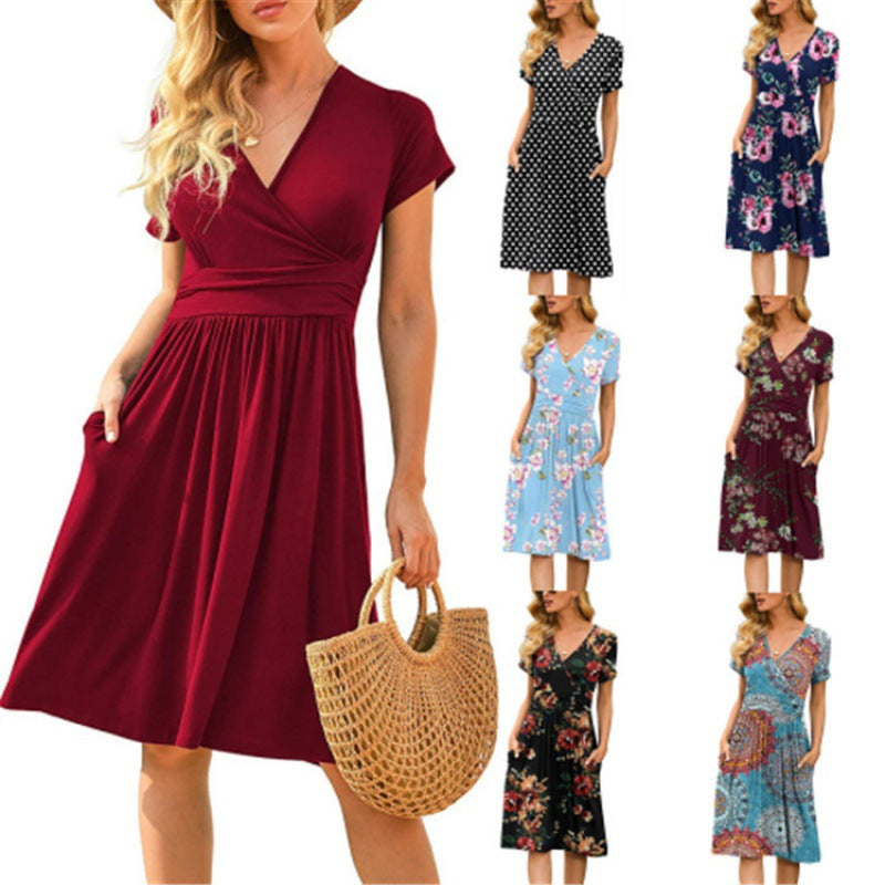 Womens Short-Sleeve Printed Pocket Mid-Length Cinched Dress