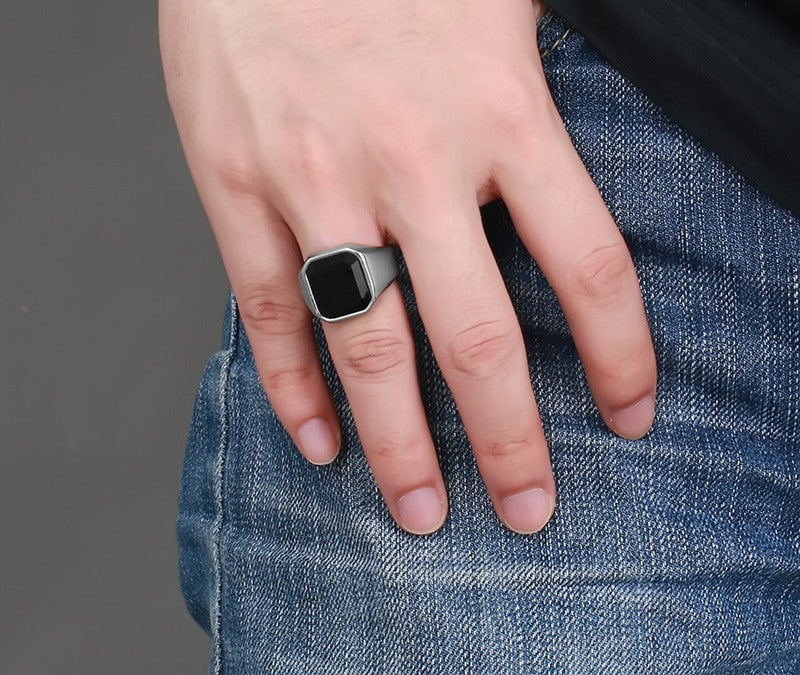 Anillo de ágata negra de acero inoxidable para hombre