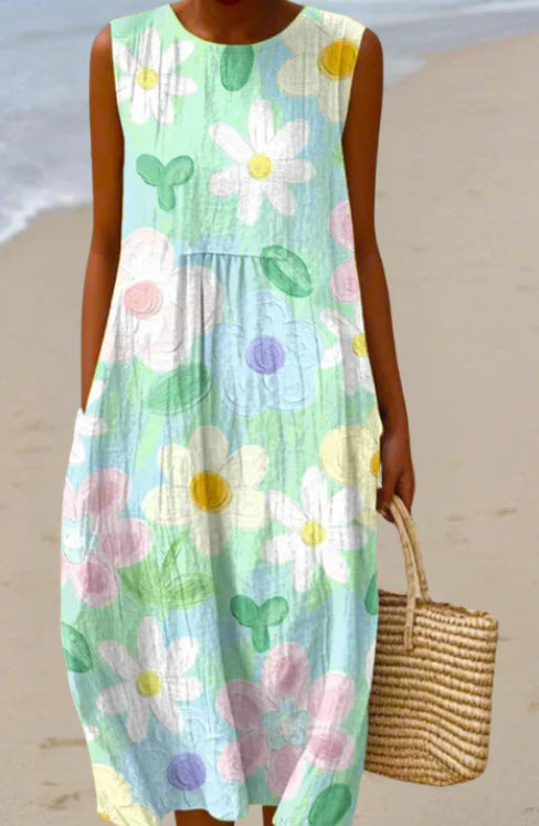 Vestido informal estampado sin mangas con bolsillos y un toque sofisticado