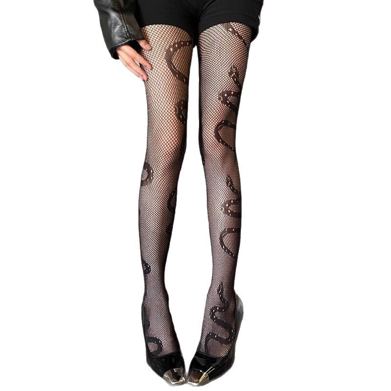 Mallas negras versátiles de malla para primavera-verano con estampado de serpiente ahuecado.