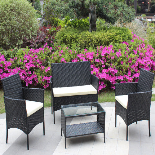 Juego de 4 muebles de patio de ratán con asiento acolchado para exterior, sofá de mimbre con cojín beige