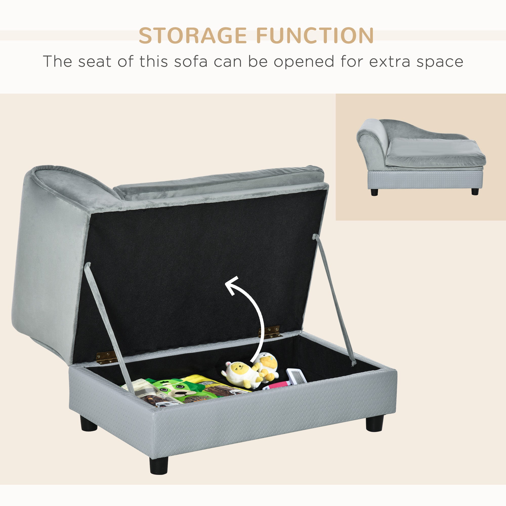 Cama de lujo para perros pequeños, con espacio de almacenamiento oculto, sofá de espuma suave, muebles modernos para mascotas, color gris