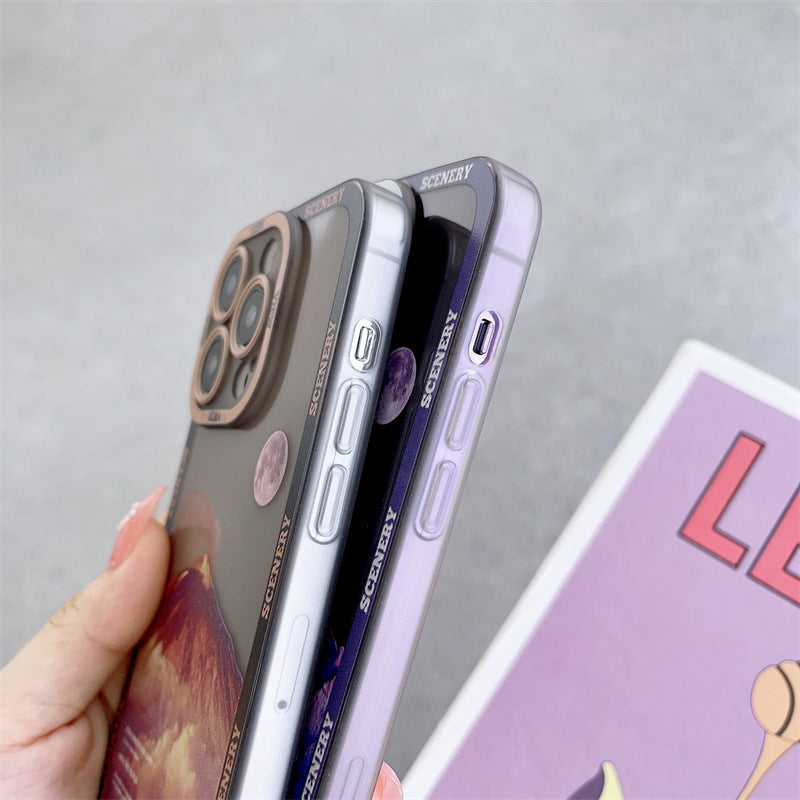 Nueva funda morada oscura para Apple 14 con paisaje de montaña