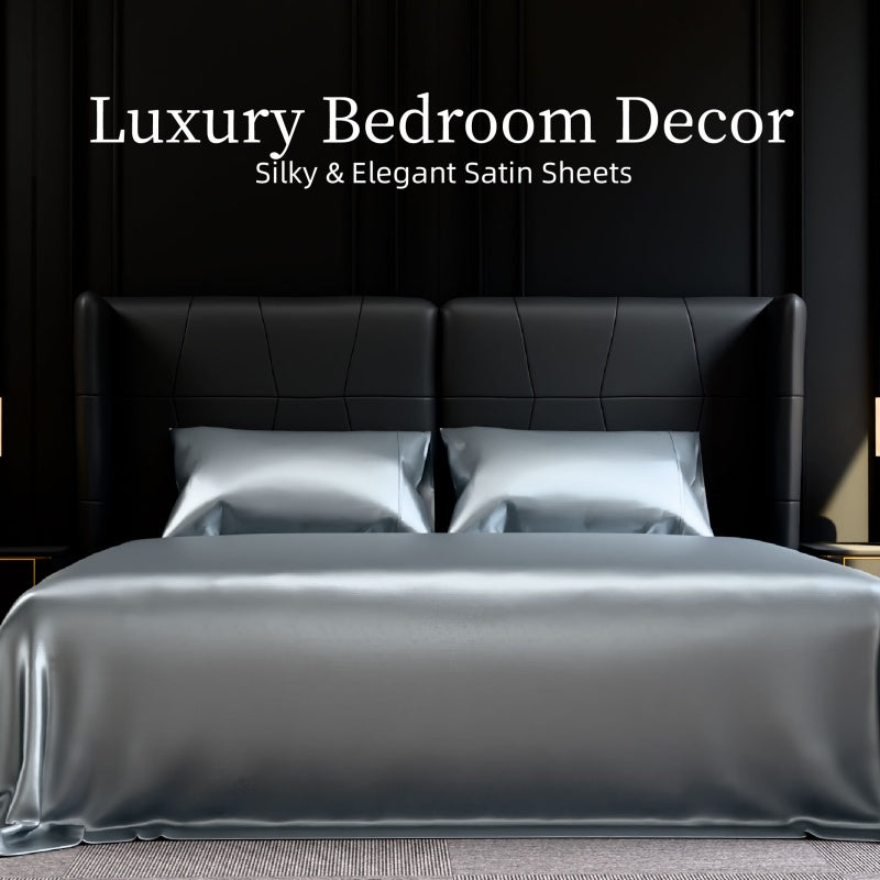 Satin Bed Sheets, King Size Sheets Set, 4 Pcs Silky Bedding Set With 15 Inches Deep Pocket For Mattress  King, Black