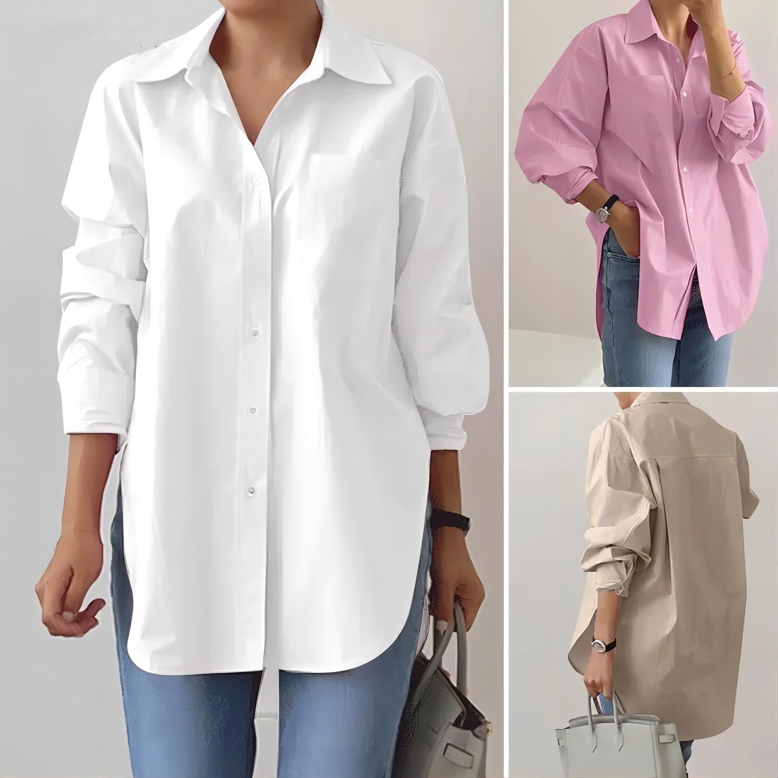 Camisa de manga larga con cuello dividido en color liso