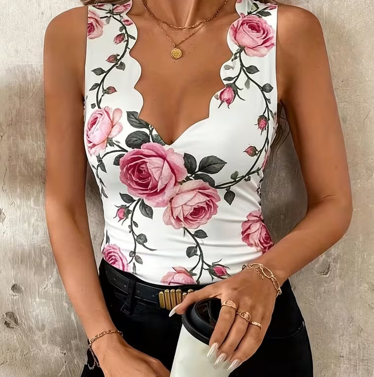 French Romantic Style Printed Sleeveless Vest For Women
