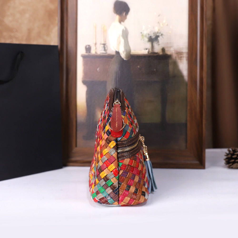 Bolso de hombro para mujer de piel de primera capa de color con diseño tejido