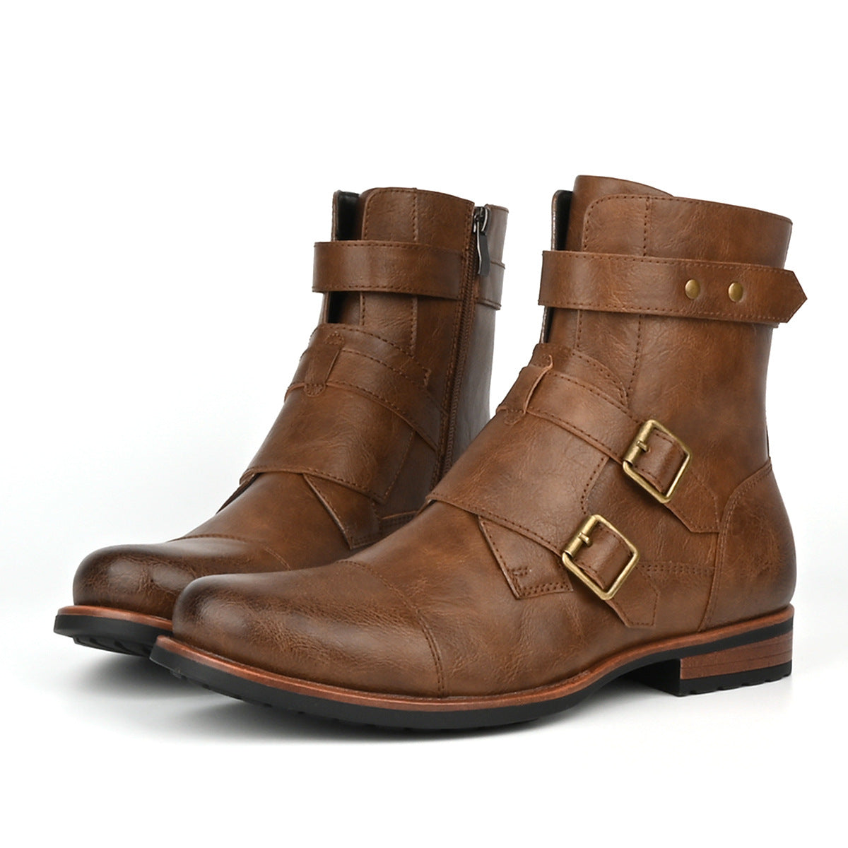 Botas vaqueras minimalistas vintage para hombre, de tacón bajo, con cremallera lateral y hebilla metálica
