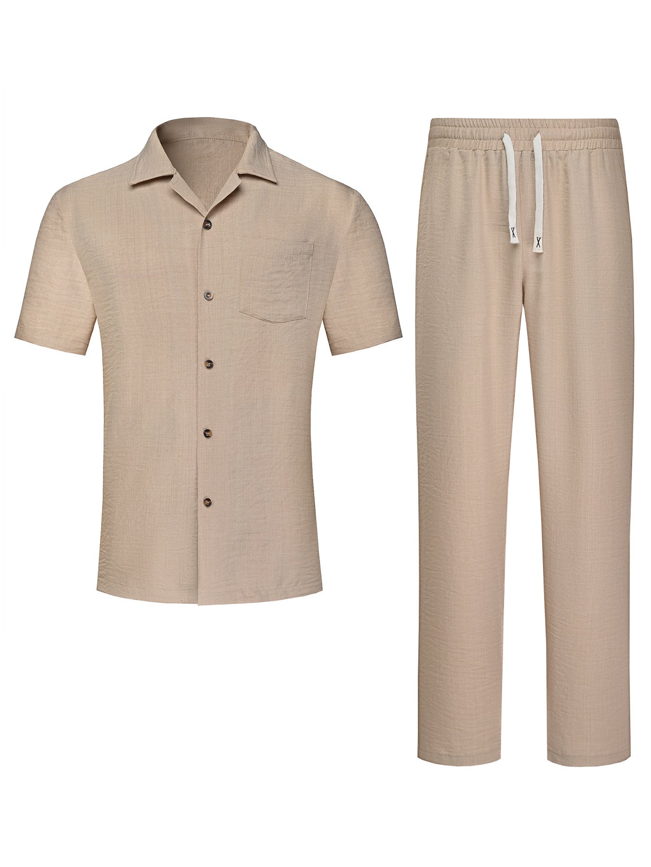 Mens Solid-Colored Lapel Casual Shirt And Pants Set