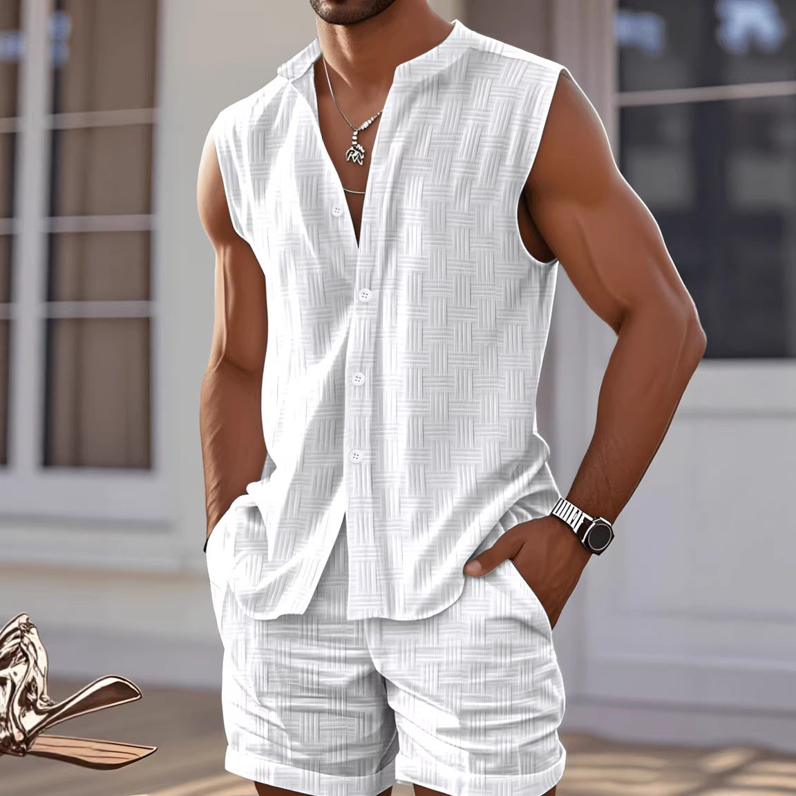 Men's Casual Sleeveless Sportswear Set With Crew Neck