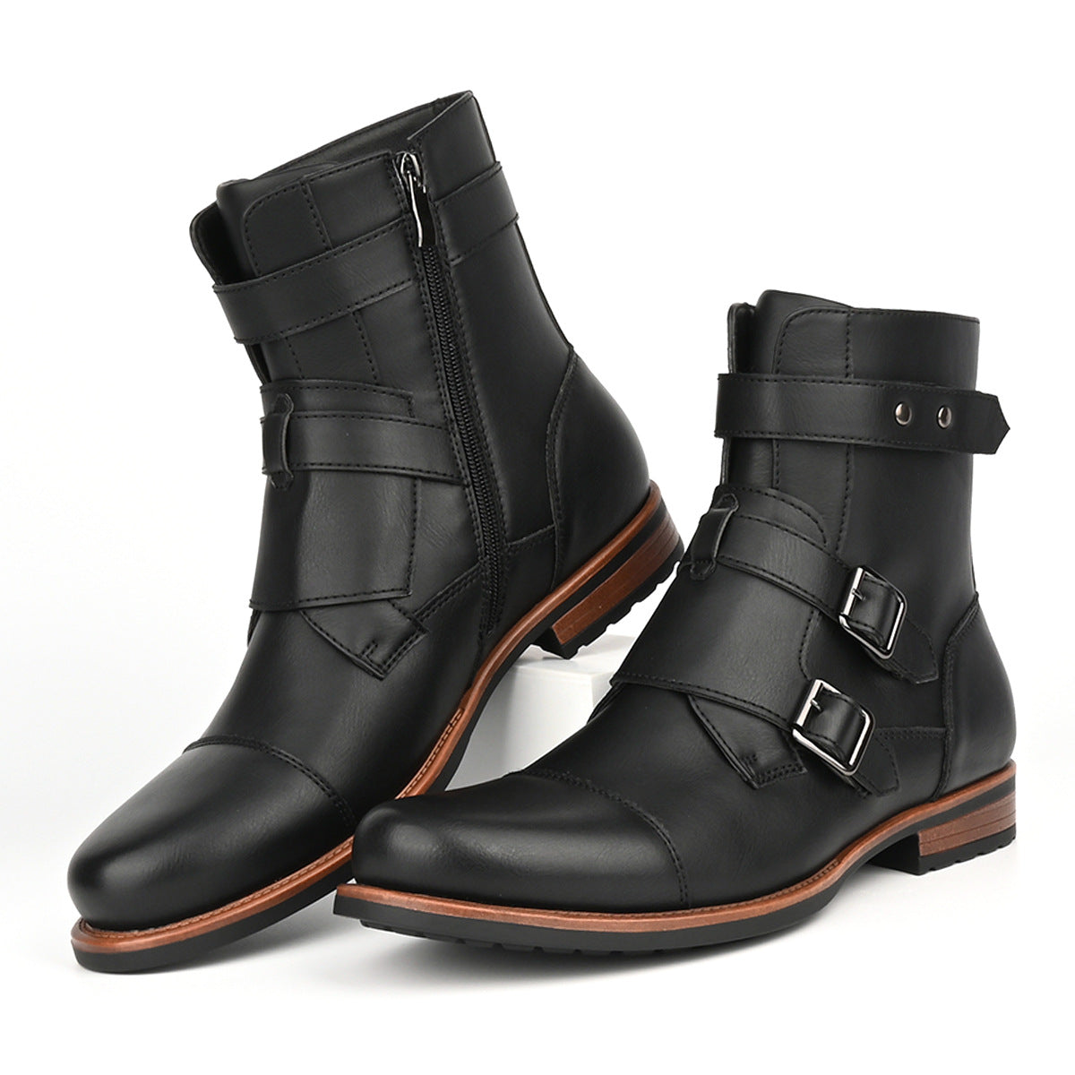 Botas vaqueras minimalistas vintage para hombre, de tacón bajo, con cremallera lateral y hebilla metálica