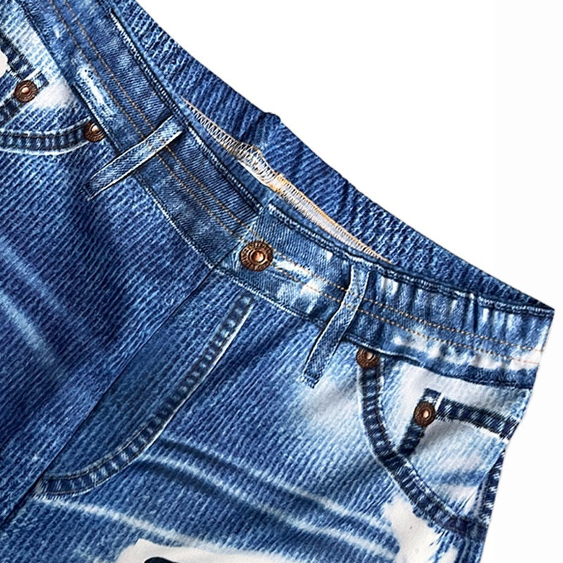 Pantalones tres cuartos estampados estilo denim con aspecto roto