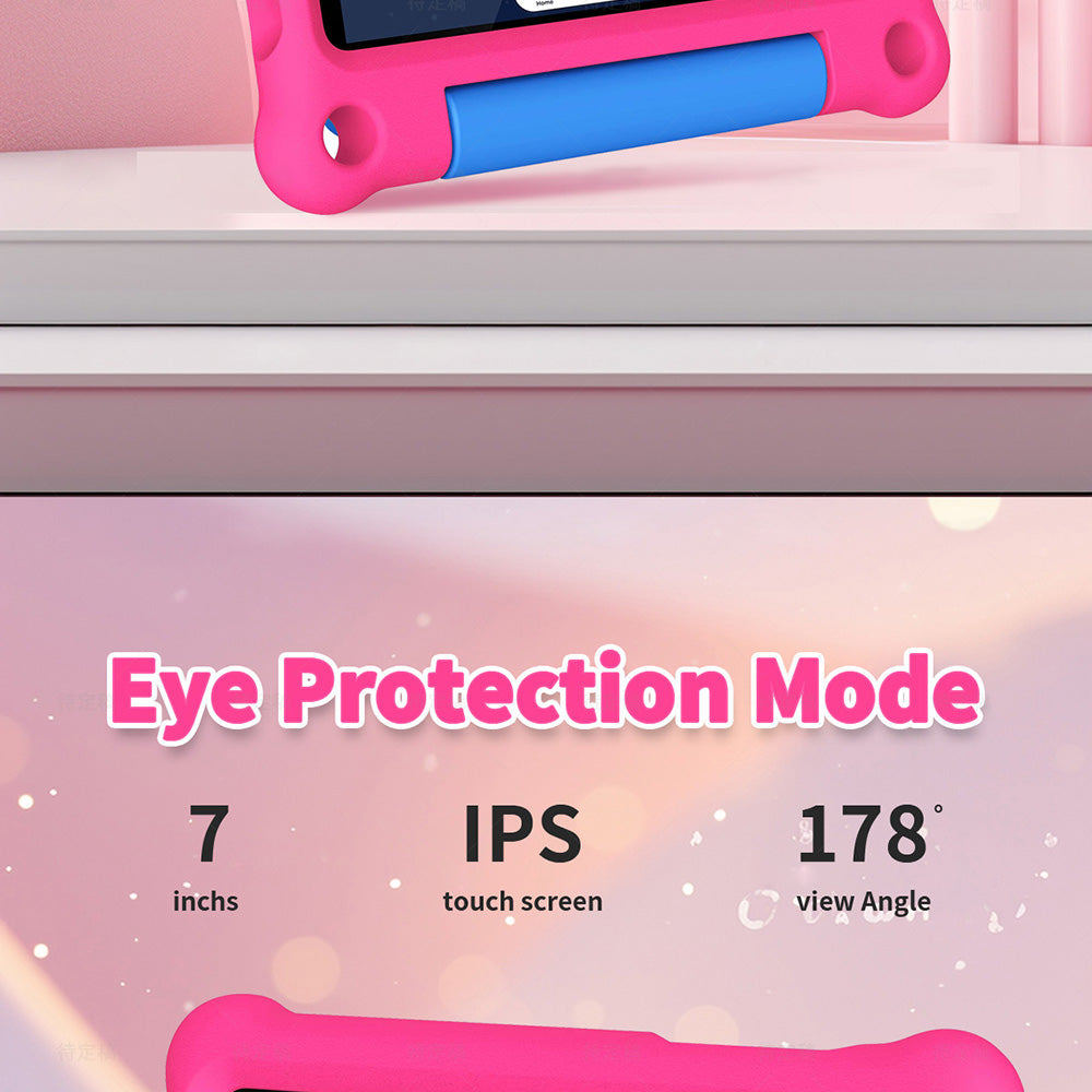 Tableta infantil G-tab T7Pro de 7 pulgadas con pantalla IPS de 1024 y 600 nits, Android 14, CPU de cuatro núcleos a 1,5 GHz, 4 GB de RAM, 2 GB de expansión y 2 GB de ROM, 64 GB de ROM, WiFi de 2,4 y 5 GHz, batería de 3000 mAh, cámara de 2 MP y 2 MP (rosa)