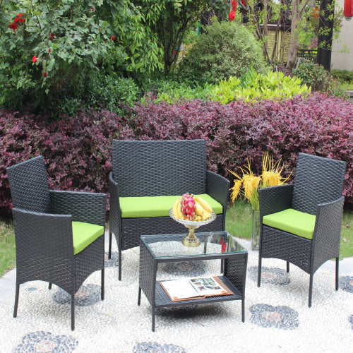 Juego de 4 muebles de patio de ratán con asiento acolchado para exteriores, sofá de mimbre con cojín verde