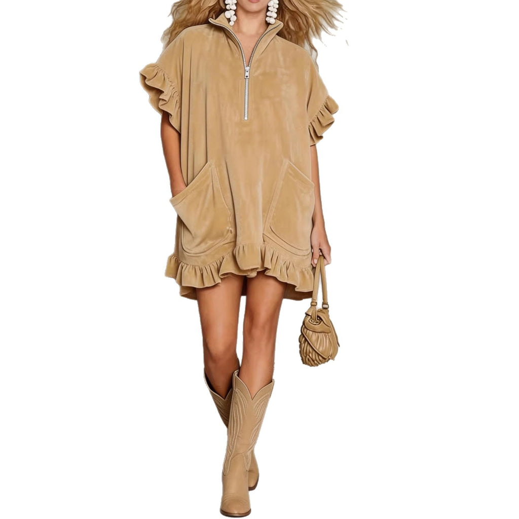 Short-sleeve Double-pocket Dress With Zipper And Ruffled Hem, A-line Womens Outfit