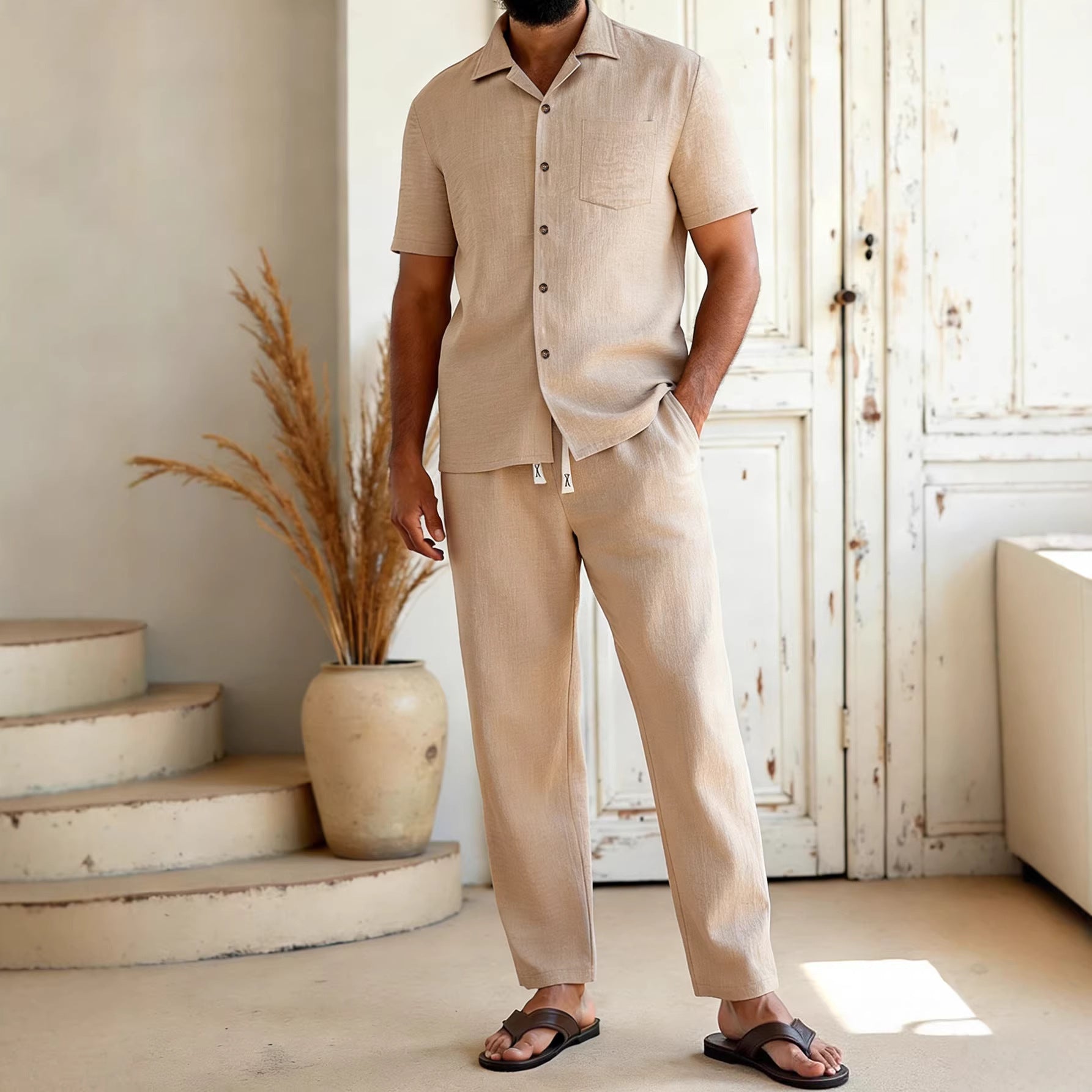 Mens Solid-Colored Lapel Casual Shirt And Pants Set