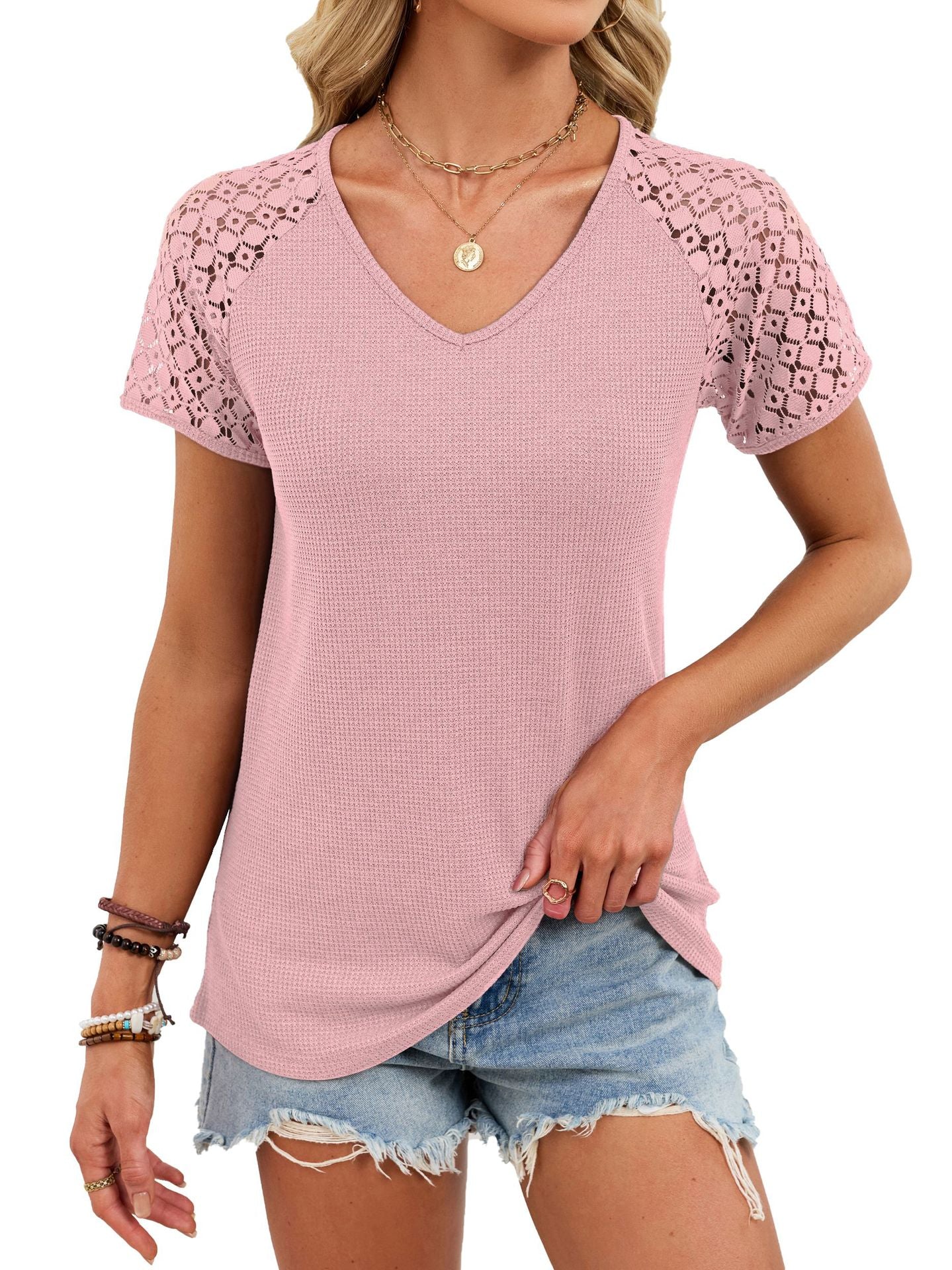 Camiseta informal Grace de punto gofre con cuello en V y mangas de panel para mujer
