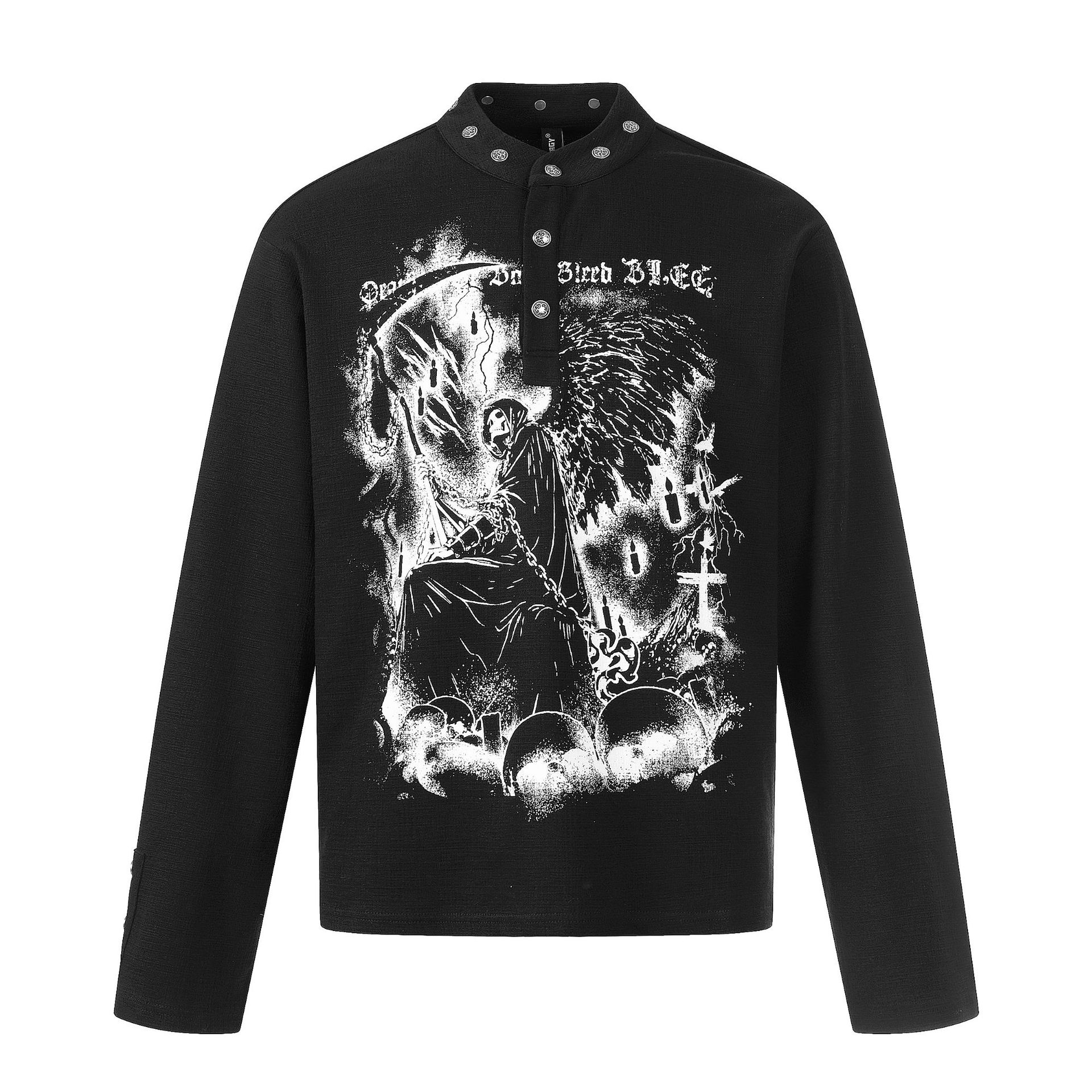 Camisa de manga larga para hombre, estilo retro americano, con estampado moderno y oscuro.