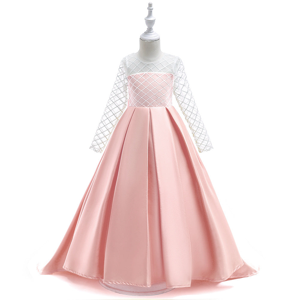 Vestido de malla de manga larga con cola para niña