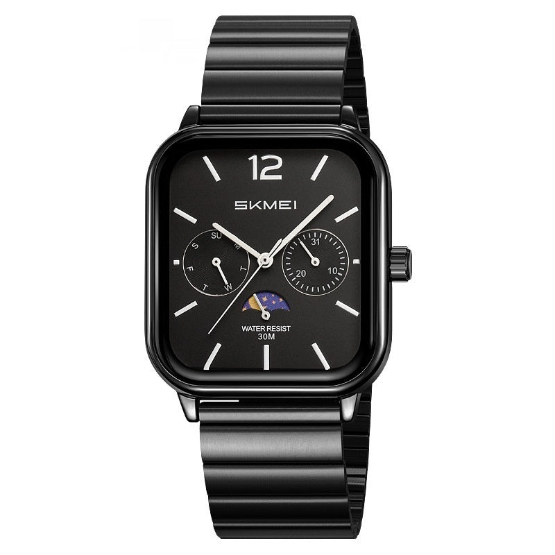 Elegante reloj cuadrado multifuncional con indicador de fase lunar de seis manecillas, diseñado para negocios y resistente al agua.