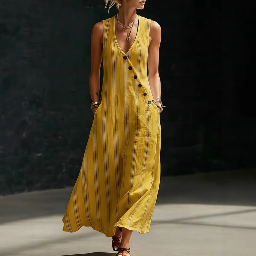 Womens Loose V-Neck Slant-Button Dress