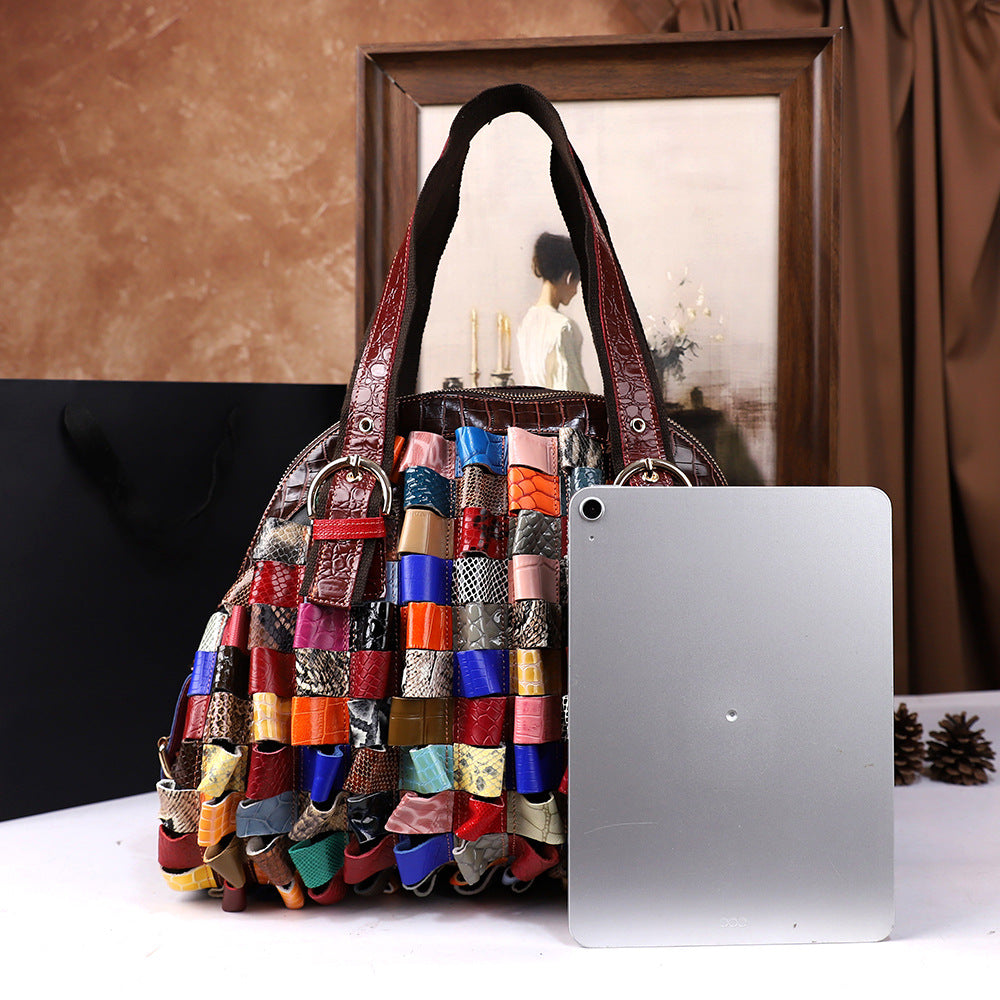 Bolso tote de hombro tejido de piel de vaca de gran capacidad para mujer