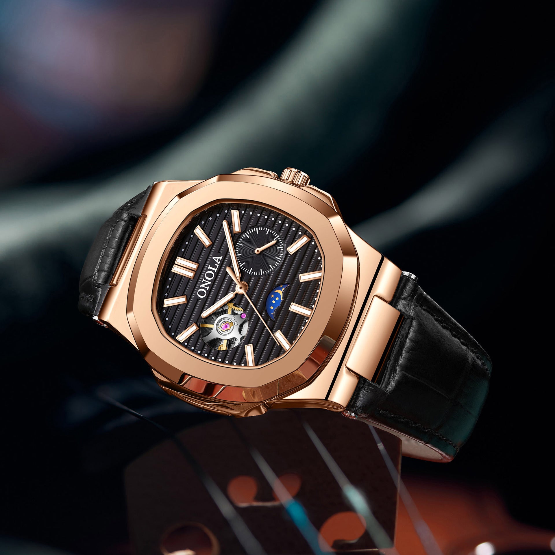 Reloj mecánico de alta calidad con diseño de sol, luna y estrellas, correa de cuero impermeable.