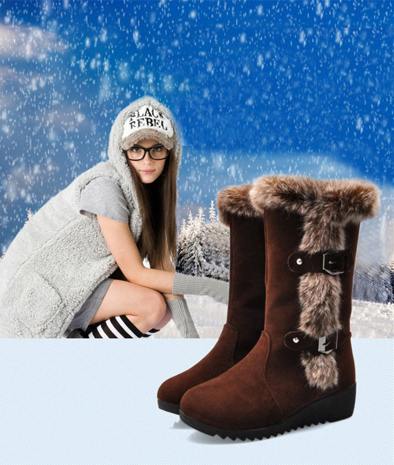 Botas de nieve de media pantorrilla de piel sintética de felpa para mujer