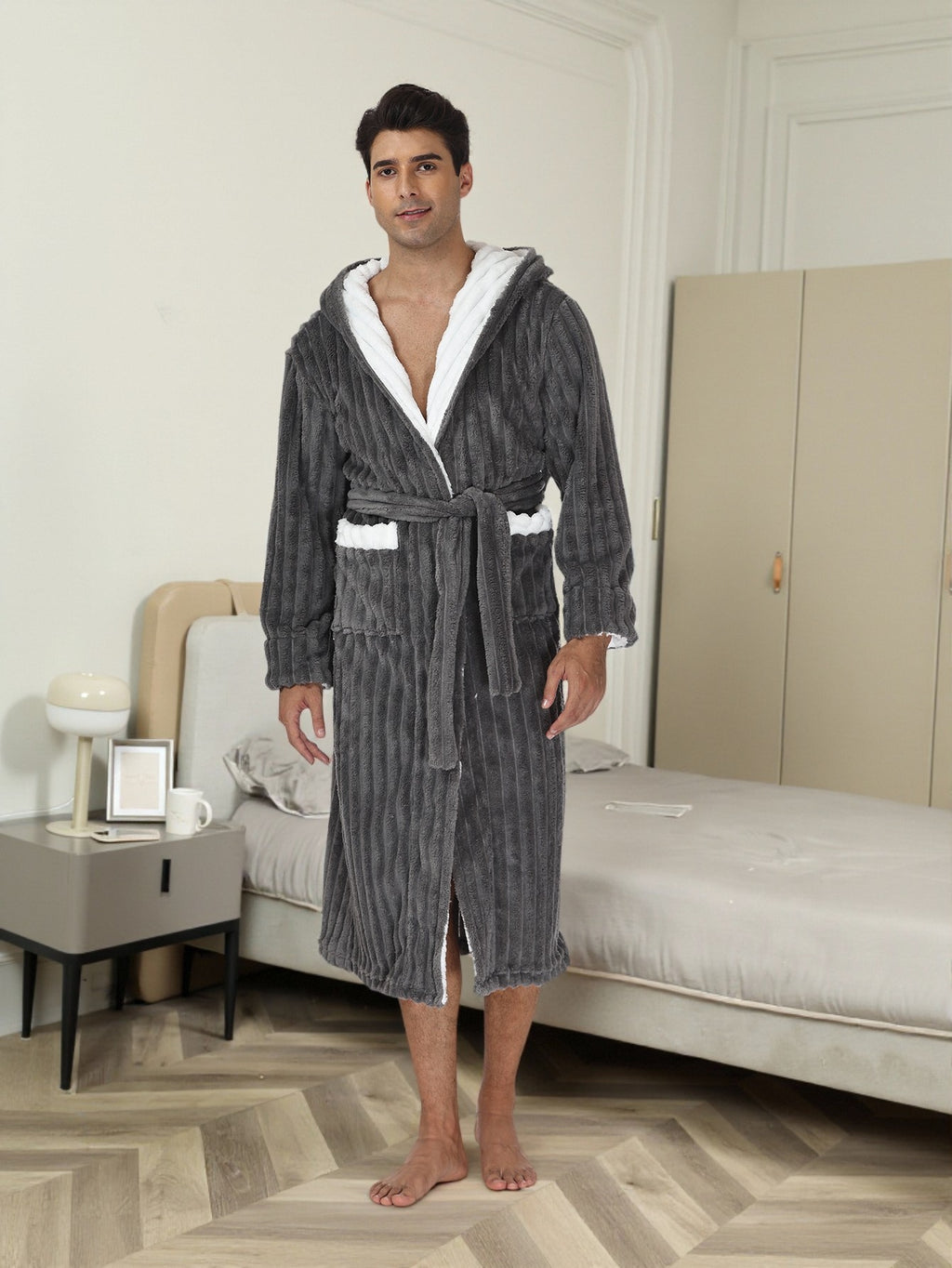 Bata de dormir gruesa de franela para hombre, bata larga con capucha y encaje