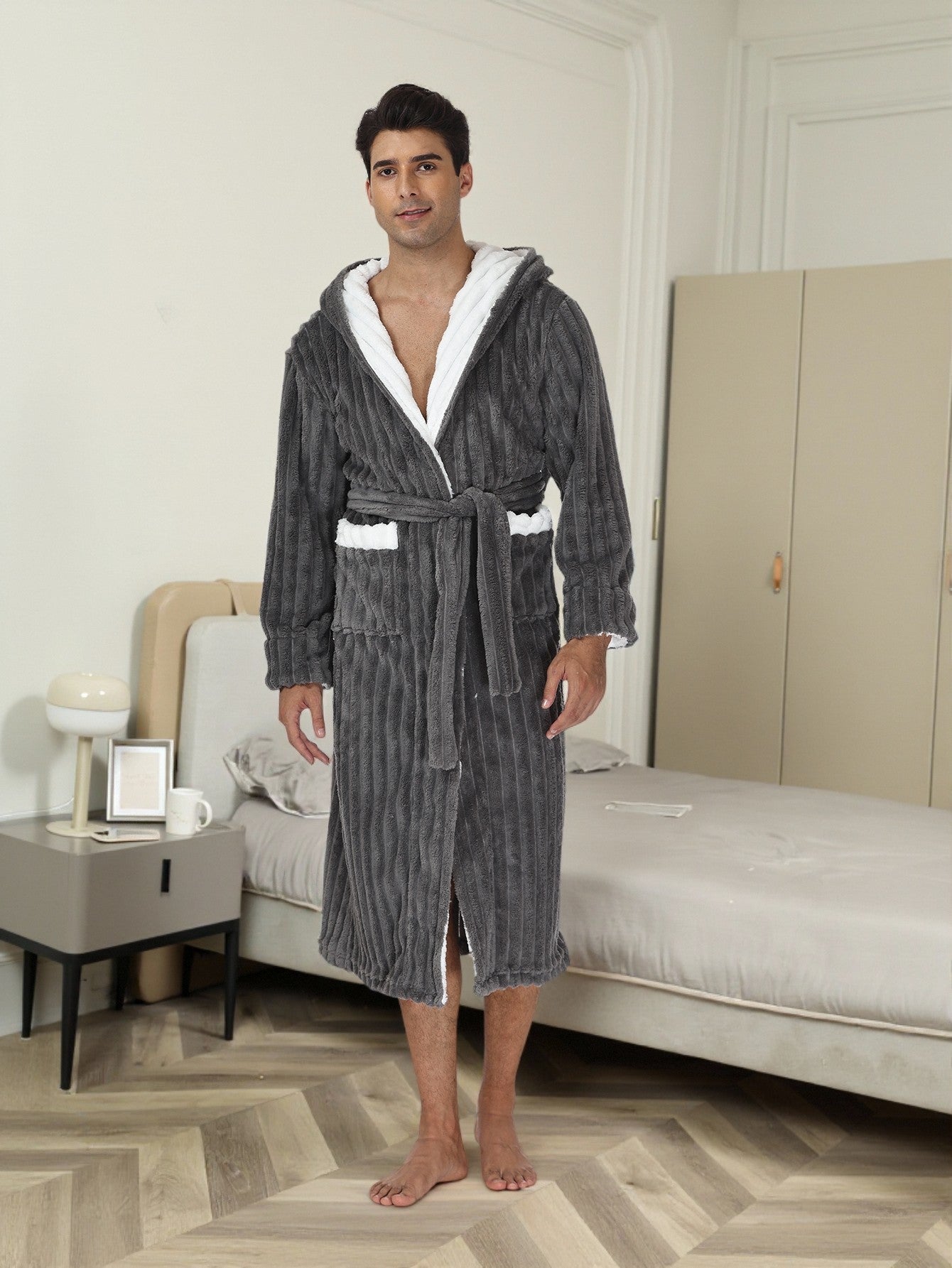 Bata de dormir gruesa de franela para hombre, bata larga con capucha y encaje