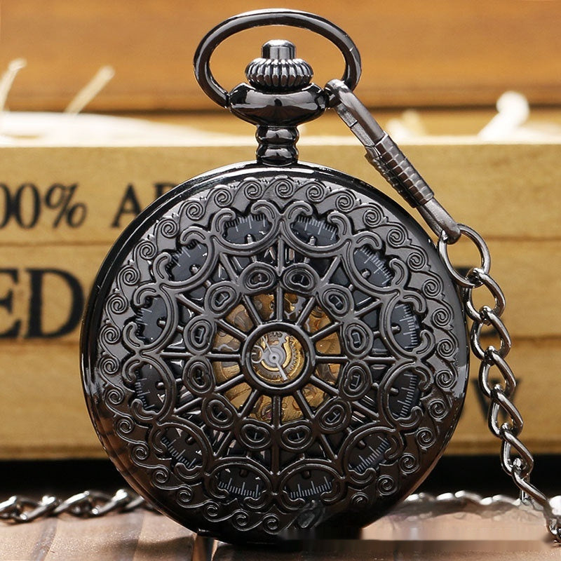 Reloj de bolsillo mecánico retro grande color pistola con diseño de telaraña