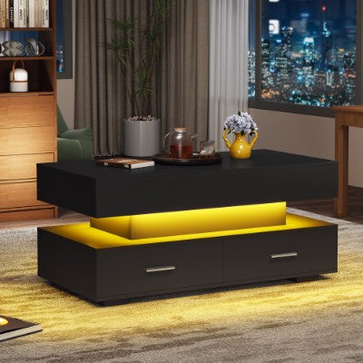 Mesa de centro con elevación hidráulica, mesas de centro LED con almacenamiento para sala de estar, mesa de centro con 2 cajones y luz LED para comedor y sala de recepción, color negro