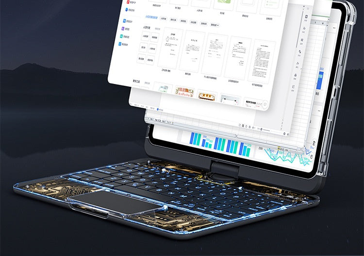 Funda transparente con teclado giratorio de 360 ​​grados para iPad, teclado inteligente con trackpad, compatible con Bluetooth y ranura para lápiz.