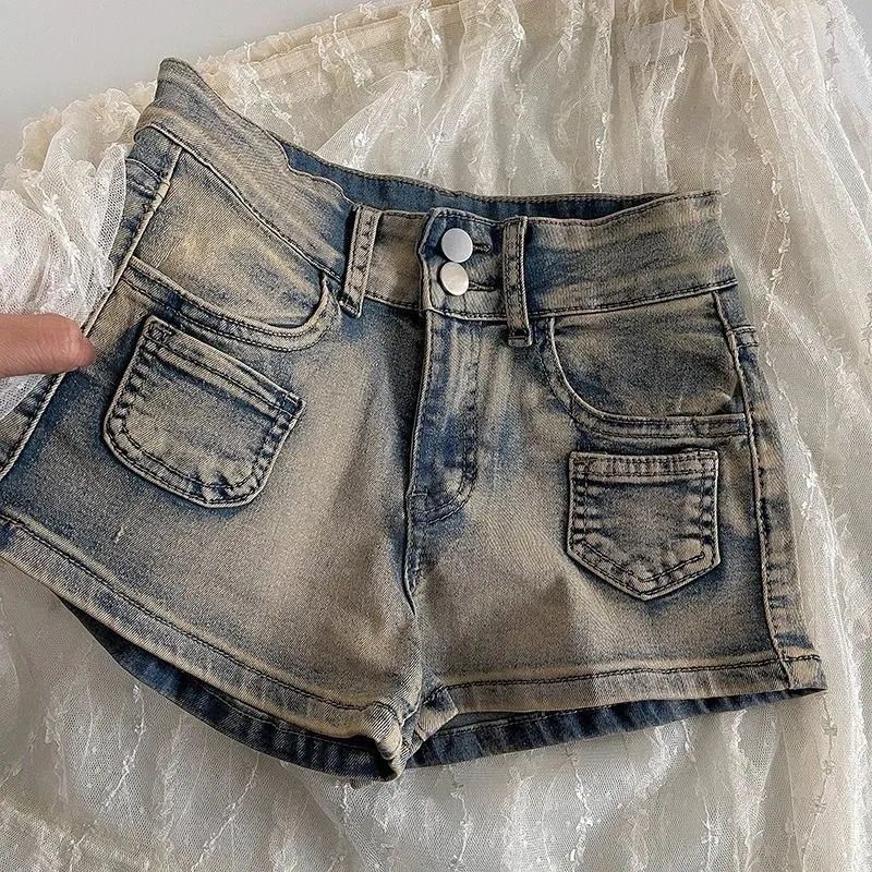 Shorts vaqueros de cintura alta estilo retro americano para mujer