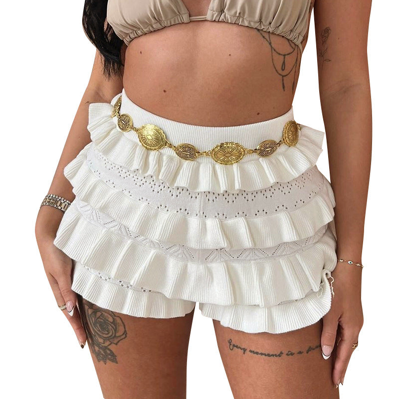 Sexy Solid-Colored High-Waisted Knitted Multi-Layer Ruffle-Trimmed Shorts